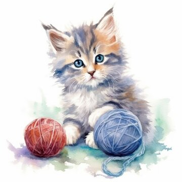 Verspielte Wasserfarben-Illustration eines Katzenwelpen mit einem Wollknäuel, Generative AI 
