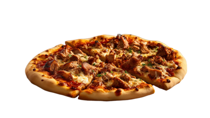 A delicious and inviting meat and cheese pizza is presented on a plate, sliced and ready to serve. 