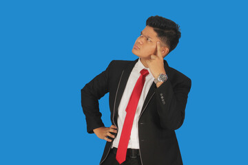 Mature Asian man wearing black suit showing thinking gestureMature Asian man wearing yellow shirt showing thinking gesture
