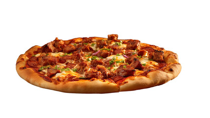 a large pizza with an abundant variety of meat toppings, including sausage, ham, and bacon. 