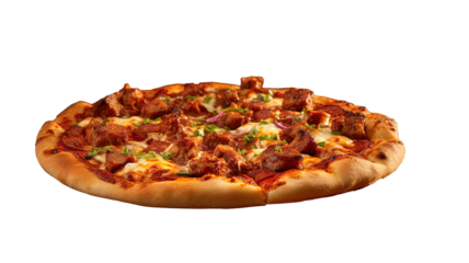 a large pizza with an abundant variety of meat toppings, including sausage, ham, and bacon. 