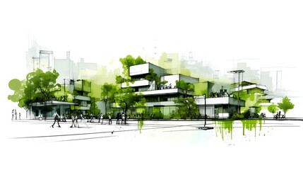Sustainable urban design project concept. Green cityscape, including eco-friendly buildings and lush parks. It reflects a future focused approach to city planning. Generative AI