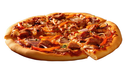 a close-up of a large, freshly baked pizza with various toppings, including onions, sausage, and...