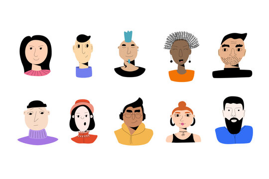 Diversity people portraits vector illustration. Quirky avatar collection. User profile pictures. Male and female different faces.