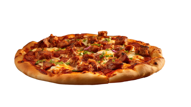 a large pizza with an abundant variety of meat toppings, including sausage, ham, and bacon. 