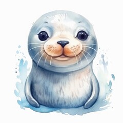 Fototapeta premium Wasserfarben-Illustration des super niedlichen Seehund-Kopfes für Kinder - Clipart auf weißem Hintergrund, Generative AI