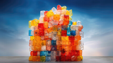 An abstract sculpture made from discarded plastic containers, highlighting the importance of reducing plastic waste.
