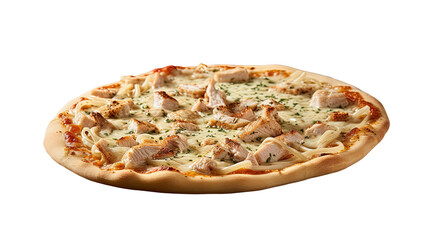 a close-up view of a tasty chicken and cheese pizza, ready to be enjoyed. The pizza features many...