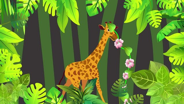 Jungle scene animation. giraffe. walks in jungle 2d animation green plants.
