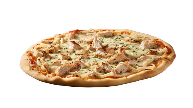 a close-up view of a tasty chicken and cheese pizza, ready to be enjoyed. The pizza features many pieces of chicken as toppings - Powered by Adobe