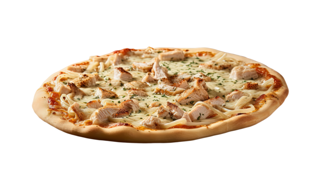 a close-up view of a tasty chicken and cheese pizza, ready to be enjoyed. The pizza features many pieces of chicken as toppings