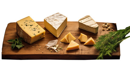 a selection of different types of cheeses arranged on a wooden cutting board. 
