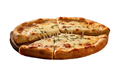 a delicious three-slice pizza with melted cheese on a serving plate. The pizza slices are neatly arranged