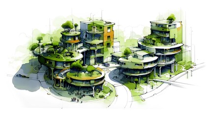 Sustainable urban design project concept. Green cityscape, including eco-friendly buildings and lush parks. It reflects a future focused approach to city planning. Generative AI