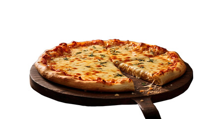 a delicious slice of cheese pizza on a wooden tray or pizza rack. The pizza appears to be freshly...