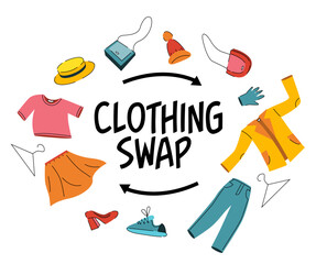 Clothing swap elements. Clothes and shoes for exchange. Eco-friendly, Reduce waste. Black lettering isolated on white background. Clothing donation, Sustainable fashion. - obrazy, fototapety, plakaty
