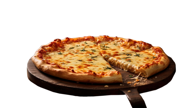 a delicious slice of cheese pizza on a wooden tray or pizza rack. The pizza appears to be freshly baked and is ready to be served. 