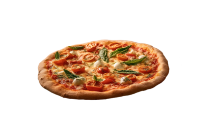 a delicious, freshly baked Margherita pizza with tomato, basil, and cheese toppings, lying on a black surface. The pizza has an appetizing aroma and appears to be ready to be served.