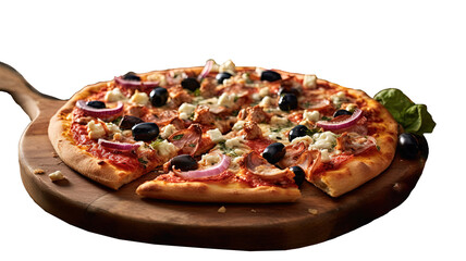 a delicious pizza with various toppings, including cheese and black olives, sitting on a cutting...