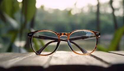 Fototapeta na wymiar Eyeglass frames on a wooden table against a blurred landscape. Generative AI