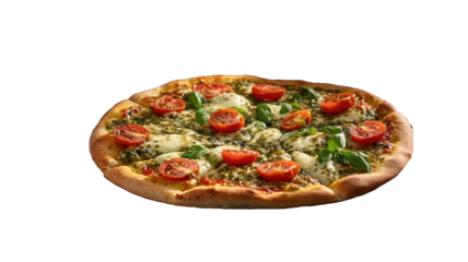 a tempting spinach pizza with white sauce, tomatoes, and spinach leaves spread evenly on top. 