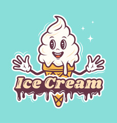 Ice cream cafe logo, cute character cartoon design. Ice cream in a waffle cone with a text. Template. Vector illustration