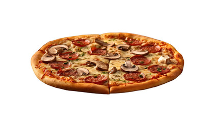 a tempting, newly baked pizza with a variety of toppings, including pepperoni, mushrooms, and...