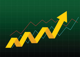 yellow bussiness arrow and graph stock market arrow growing pointing up on economic chart icon trending upwards financial board rises