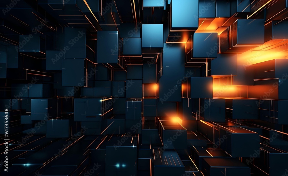Poster modern digital abstract 3d. geometric design. technological processes. brights neon, cubes, polygons