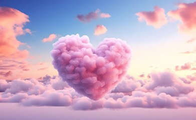 Pink heart shaped clouds on sky scene fluffy cotton candy dream fantasy soft background. Generative AI.