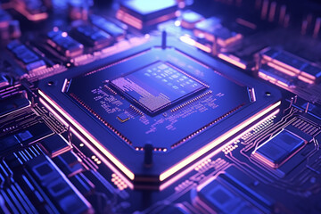 Close up image of a computer circuit board generated by AI with neon details