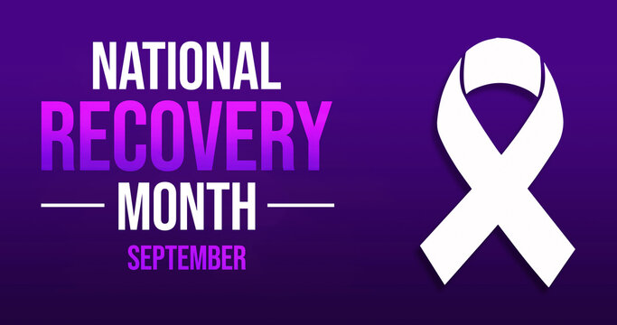 National Recovery month background design with ribbon and purple backdrop. September is observed as recovering from illness concept, background