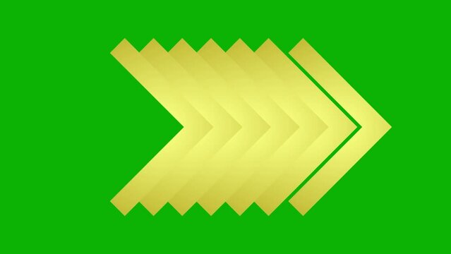 Animated golden symbol of triangular arrow.  Flat striped icon points to the right. Looped video. Vector illustration isolated on green background.