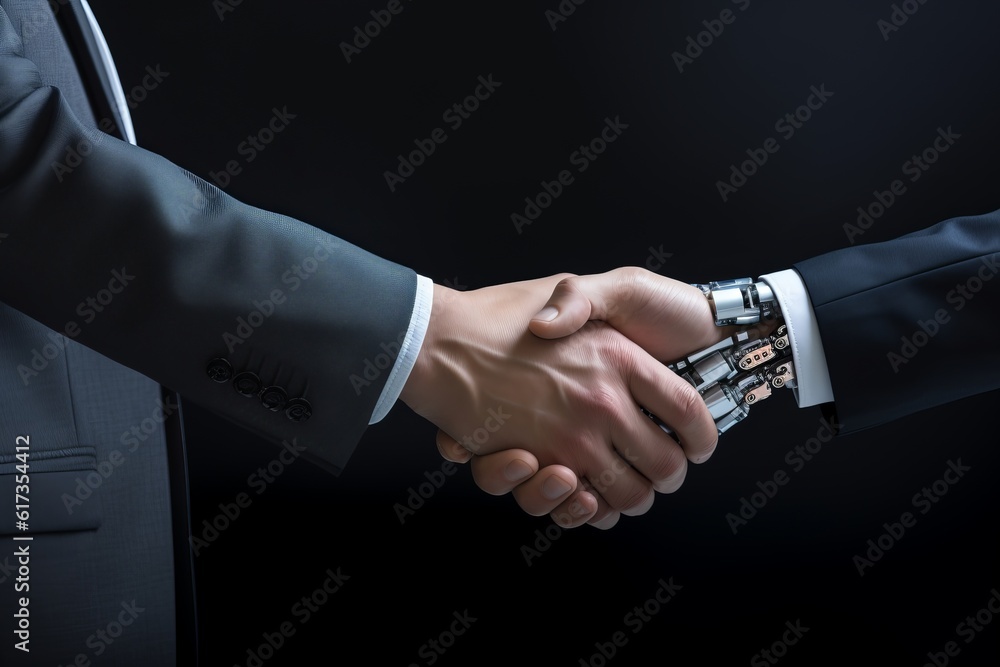 Poster businessman shaking hand with a robot. innovation futuristic handshake between man and robotic gener