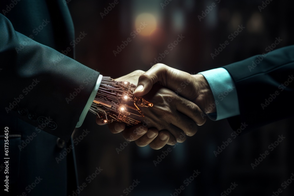 Poster businessman shaking hand with a robot. innovation futuristic handshake between man and robotic gener