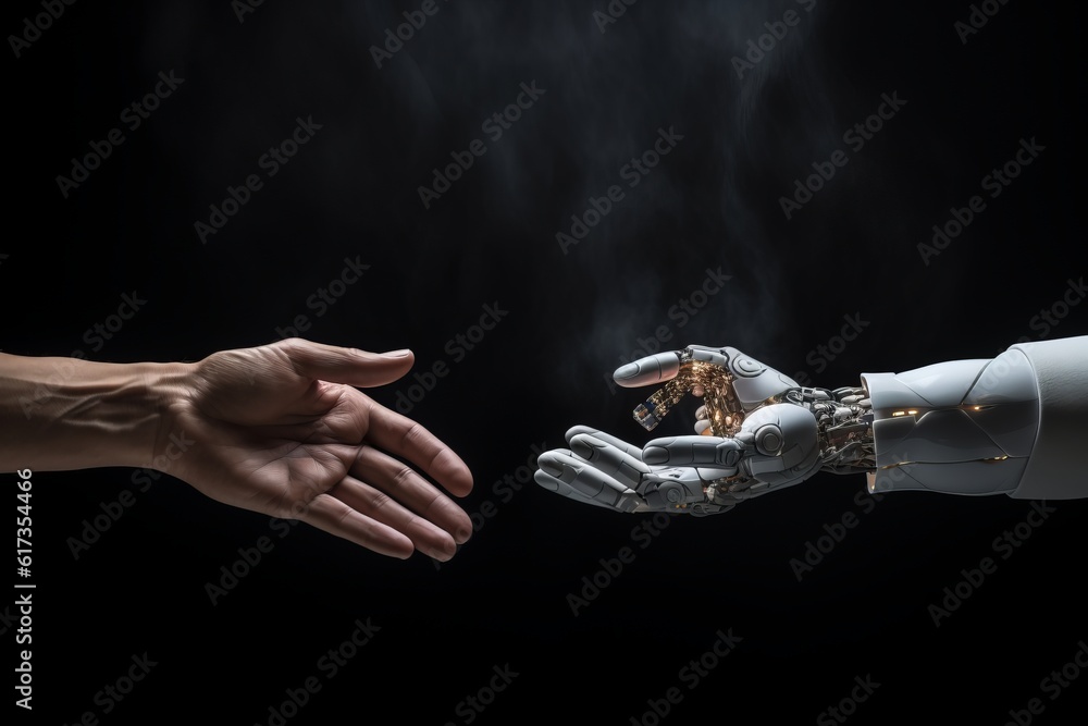 Poster businessman shaking hand with a robot. innovation futuristic handshake between man and robotic gener