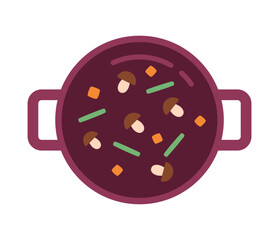 Top view on vegetables in pot semi flat colour vector object. Boiling soup. Editable cartoon clip art icon on white background. Simple spot illustration for web graphic design