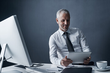 Tablet, accountant and elderly business man in studio isolated on a dark background mockup space....