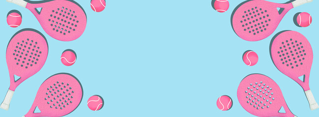 Bright banner with a pink padel tennis racket and ball on the blue court. Women's padel club