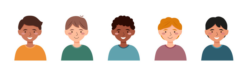 Boy avatars in the flat style on white background. Portraits of boys.