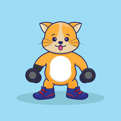 cute cartoon orange cat gym holding barbell
