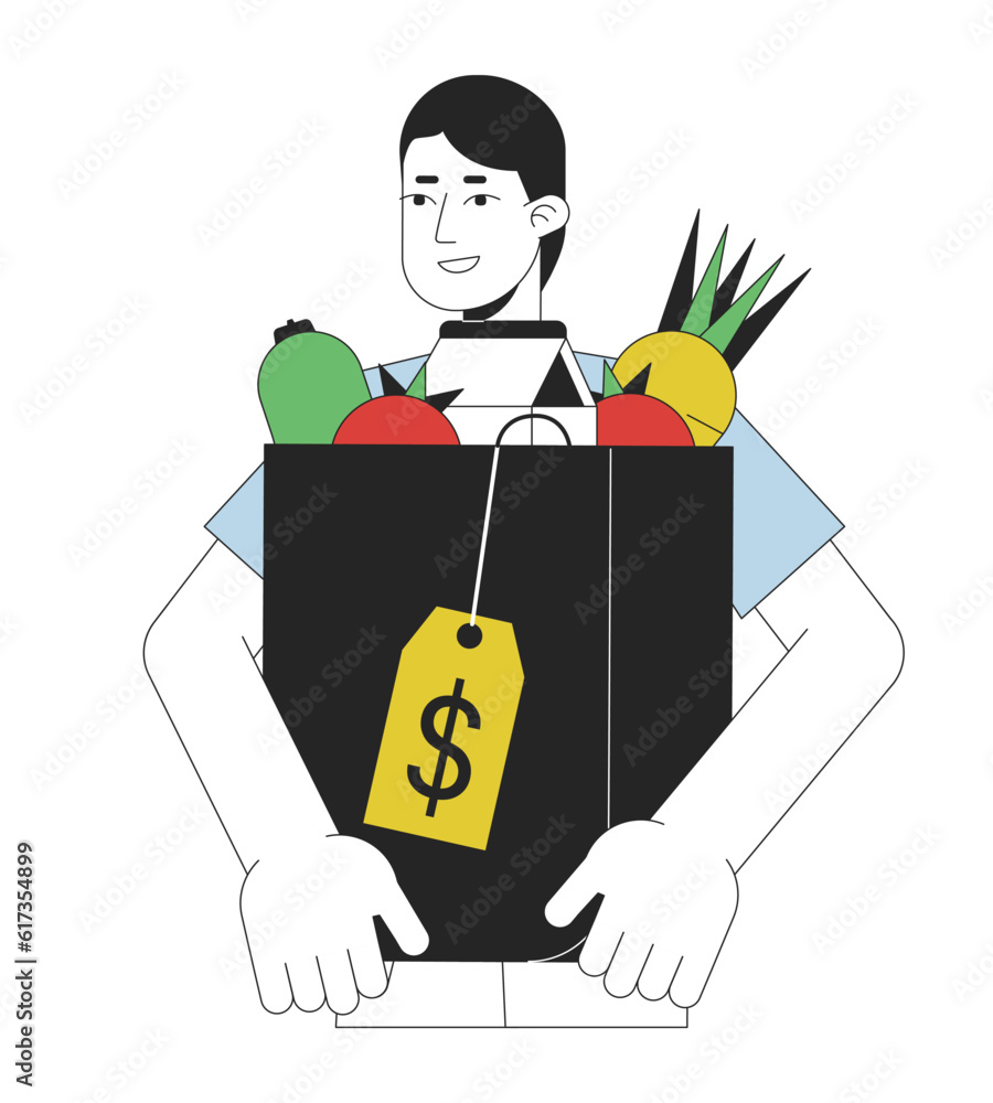Aufkleber man holds packet with goods flat line color vector character. editable outline half body man with ex