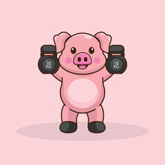 Energetic Pig Cartoon Character Conquering the Kettlebells Challenge