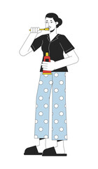 Everyday routine flat line color vector character. Editable outline full body woman brushing teeth on white. Self care simple cartoon spot illustration for web graphic design