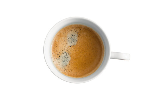 Coffee cup isolated on white background / Top view with cup of coffee / Coffee cup / Mug with hot coffee / Mock up / Top view / flat lay / Kaffe / Kaffetasse / Cappuccino / Milchschaum / Birdview