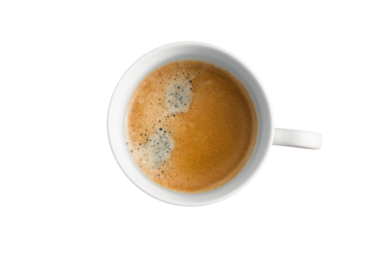 Coffee cup isolated on white background / Top view with cup of coffee / Coffee cup / Mug with hot coffee / Mock up / Top view / flat lay / Kaffe / Kaffetasse / Cappuccino / Milchschaum / Birdview