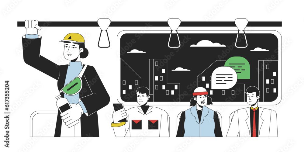 Poster Subway flat line concept vector spot illustration. Underground railway commuter carriage with passengers 2D cartoon outline character on white for web UI design. Editable isolated colorful hero image