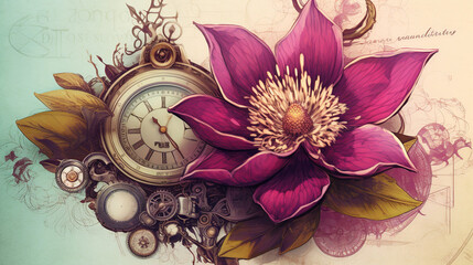floral, vintage background, flover, products, enginer, generative, ai, steampunk, background, clockwork, brooch, jewelry, pink