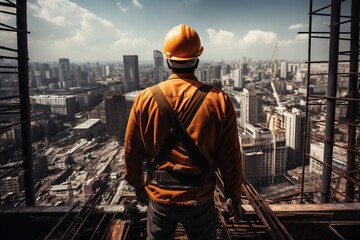 Building Tall View of a Construction Worker in Skyscraper Construction. labor day AI