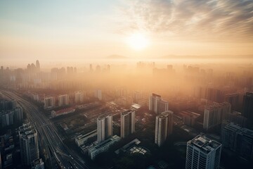 Fototapeta premium Abstract Blurred city Sunrise Sky Background with Dust, PM 2.5 and air pollution